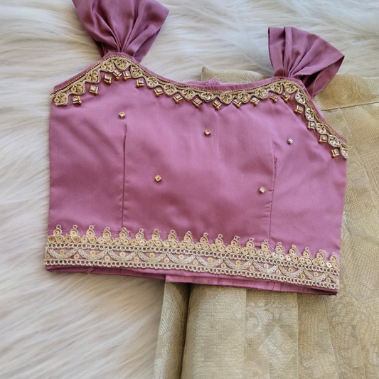 Gorgeous silk skirt with aari lace work and magenta blouse