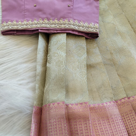 Gorgeous silk skirt with aari lace work and magenta blouse