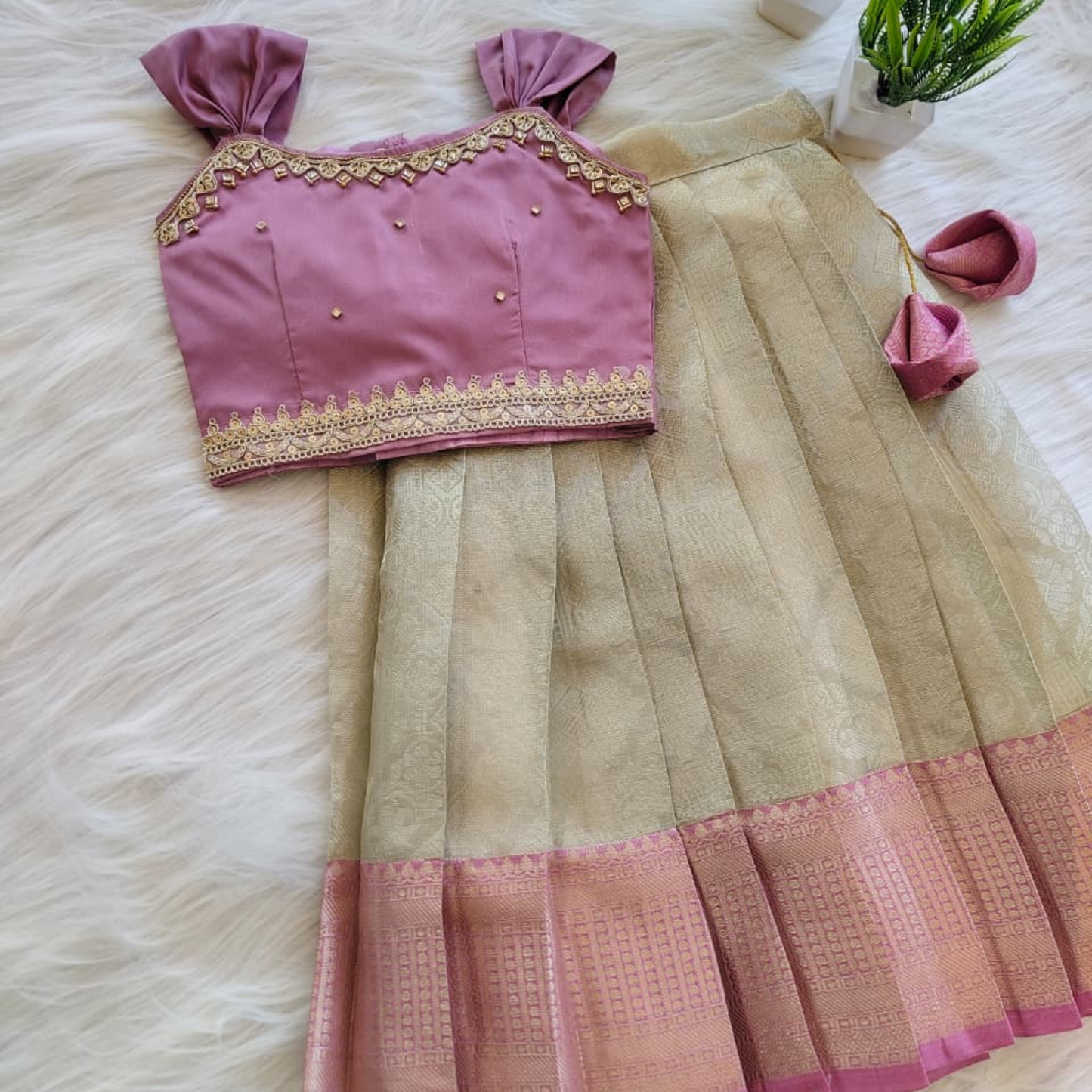 Gorgeous silk skirt with aari lace work and magenta blouse