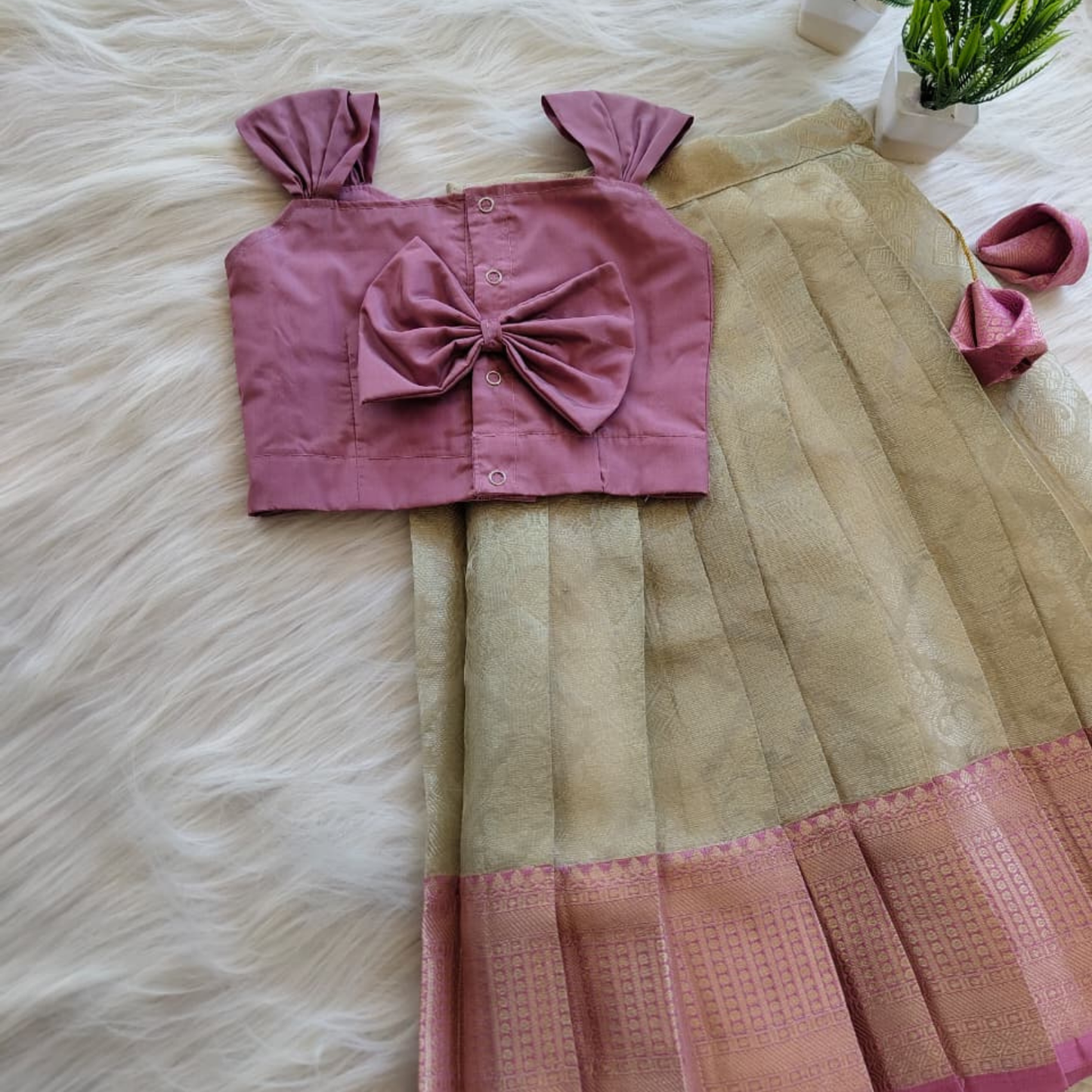 Gorgeous silk skirt with aari lace work and magenta blouse
