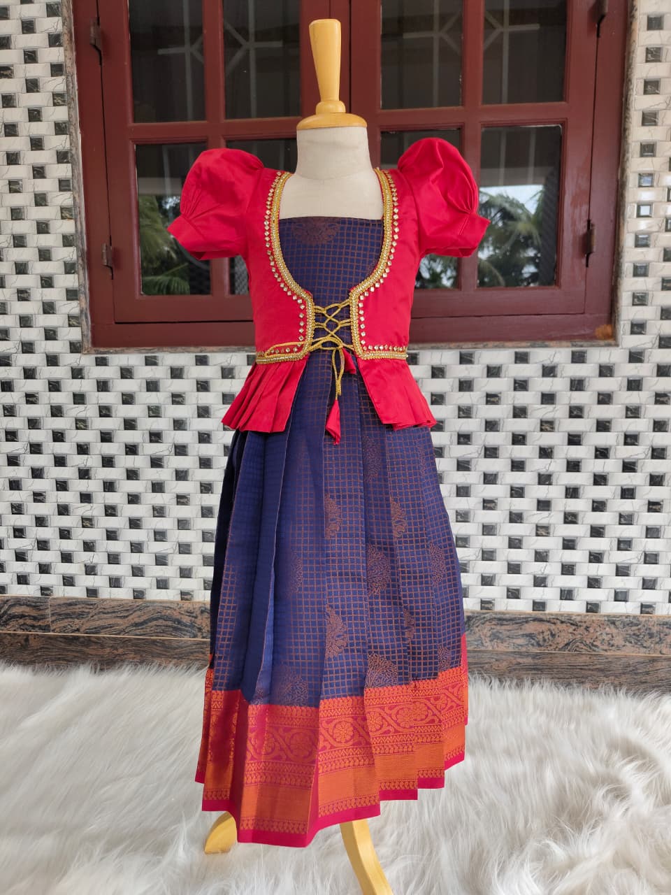 Red & Royal Traditional Puff Sleeve Lehenga